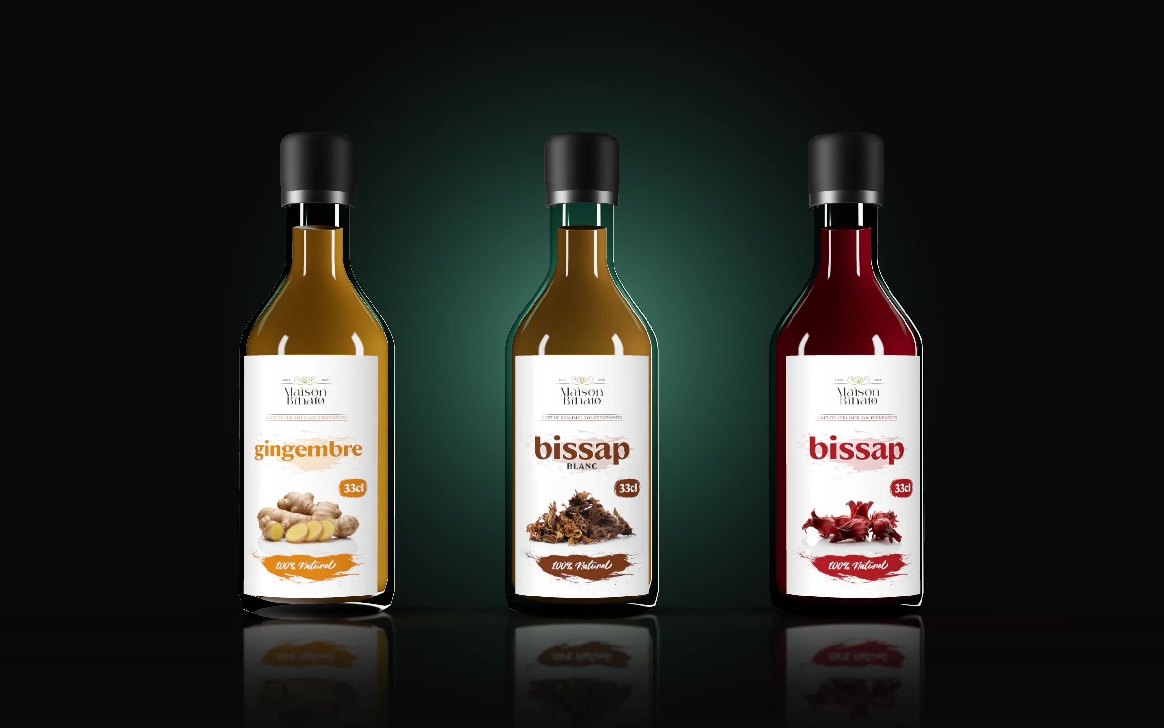 Trois bouteilles de 33 cl : gingembre, bissap blanc, bissap rouge