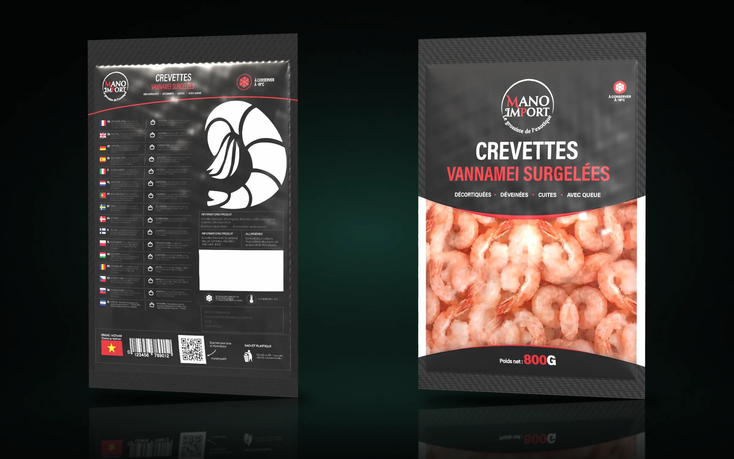 Face avant et face arrière du sachet de crevettes surgelées Mano Import