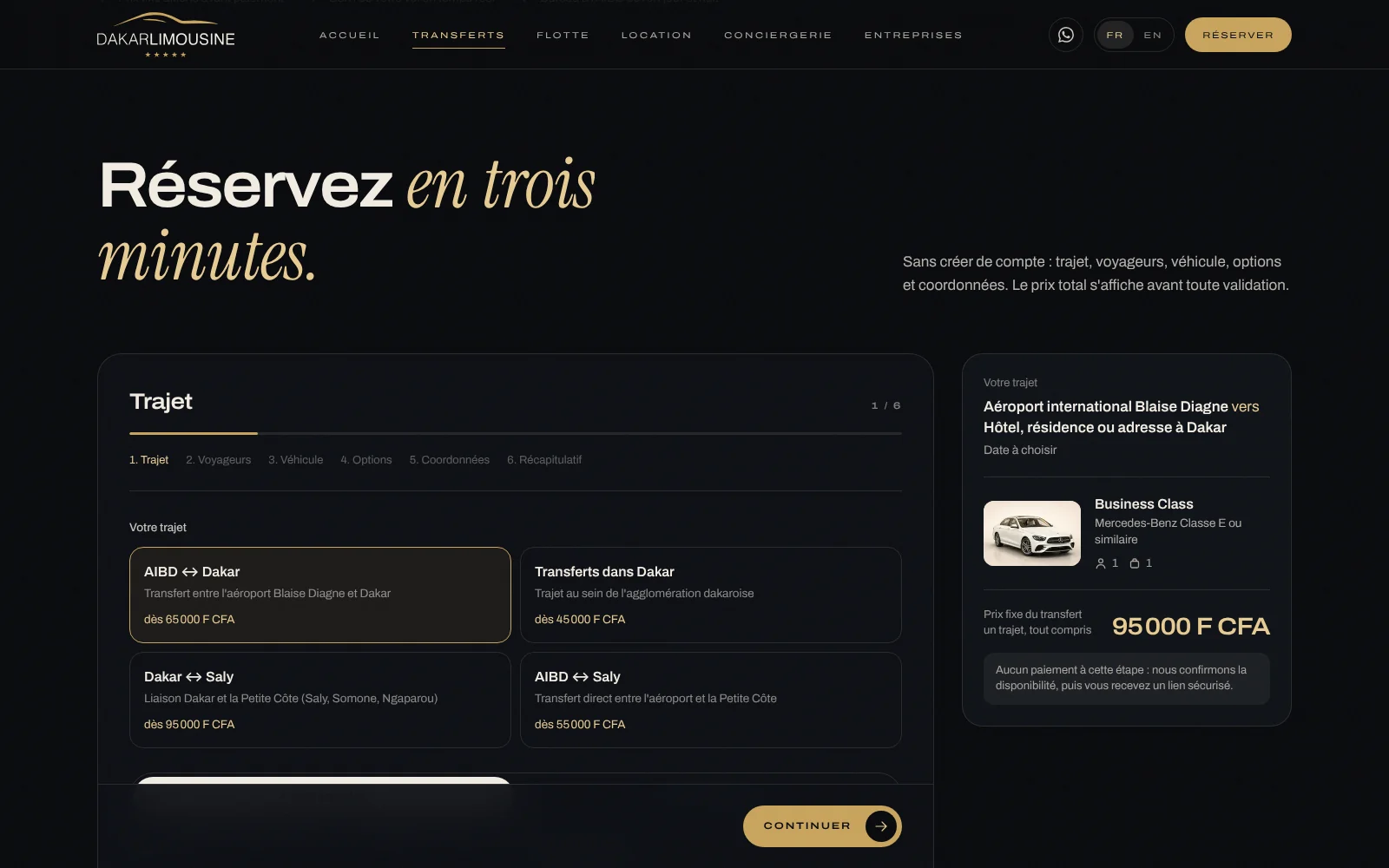 Tunnel de réservation d’un transfert, étape 1 sur 6, avec récapitulatif et prix fixe