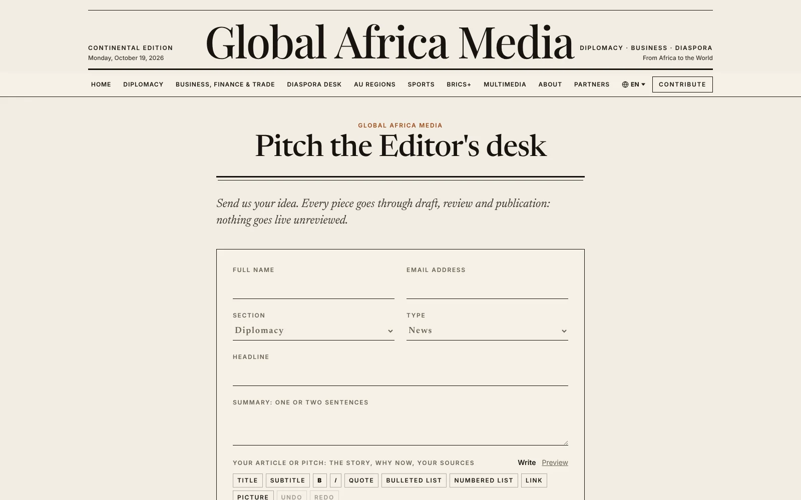 Formulaire Pitch the Editor’s desk