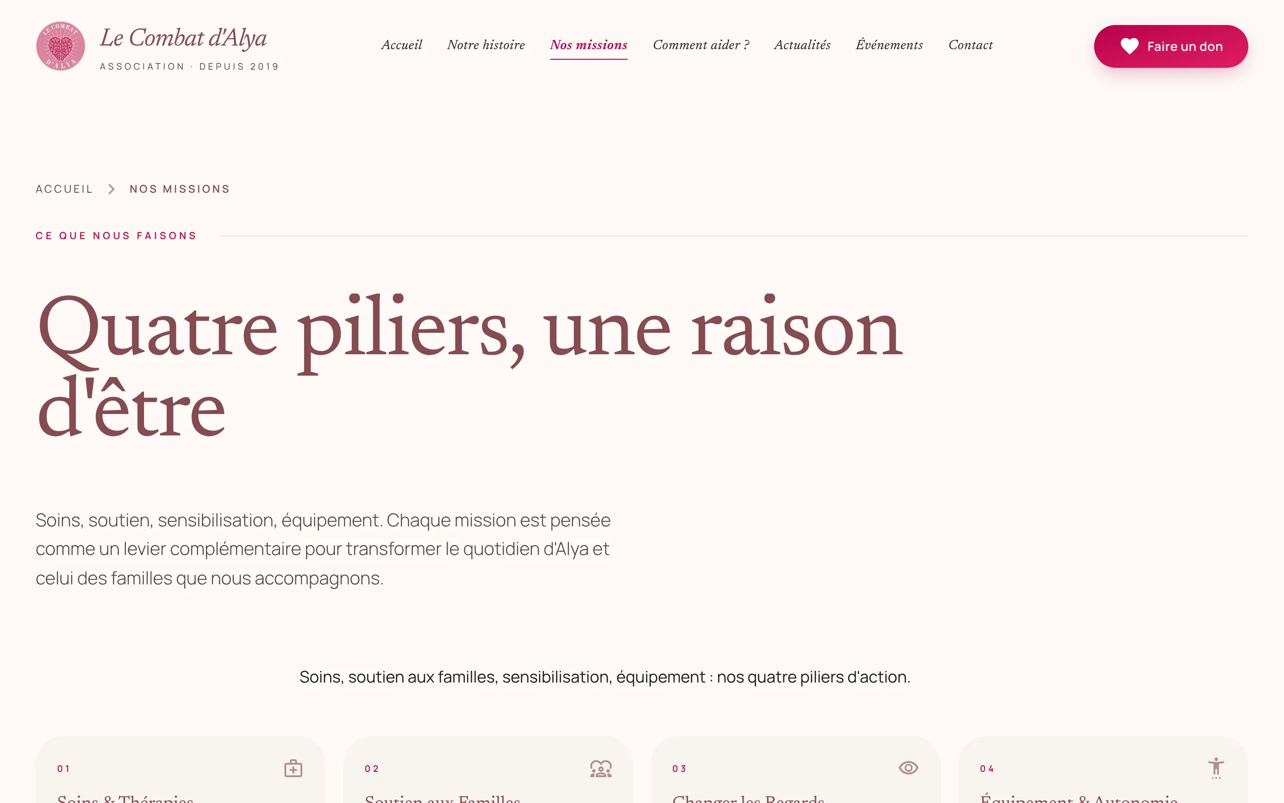 Page Nos missions de cœur du site Le Combat d’Alya