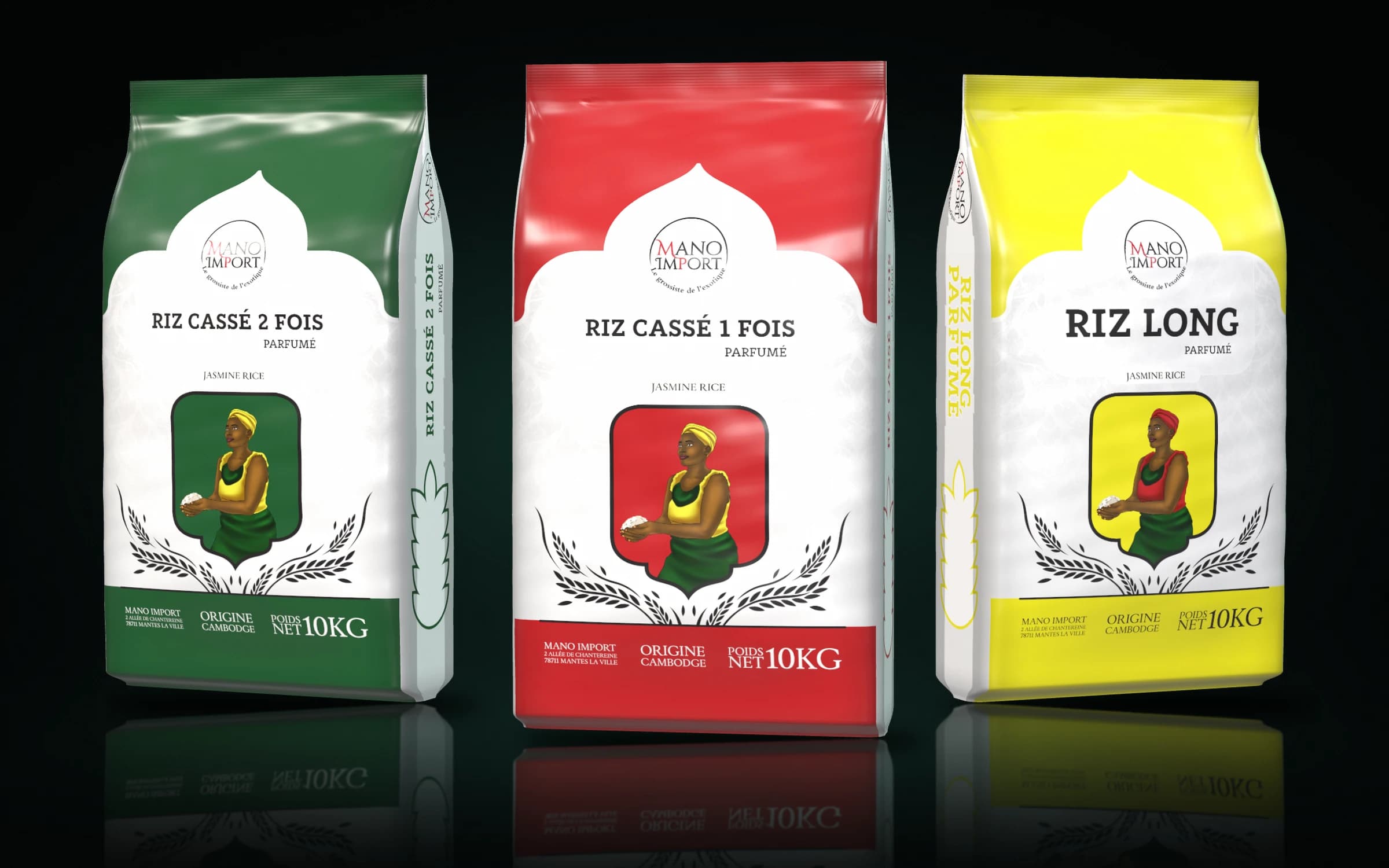 Trois sacs de riz Mano Import : cassé 1 fois, long parfumé, cassé 2 fois
